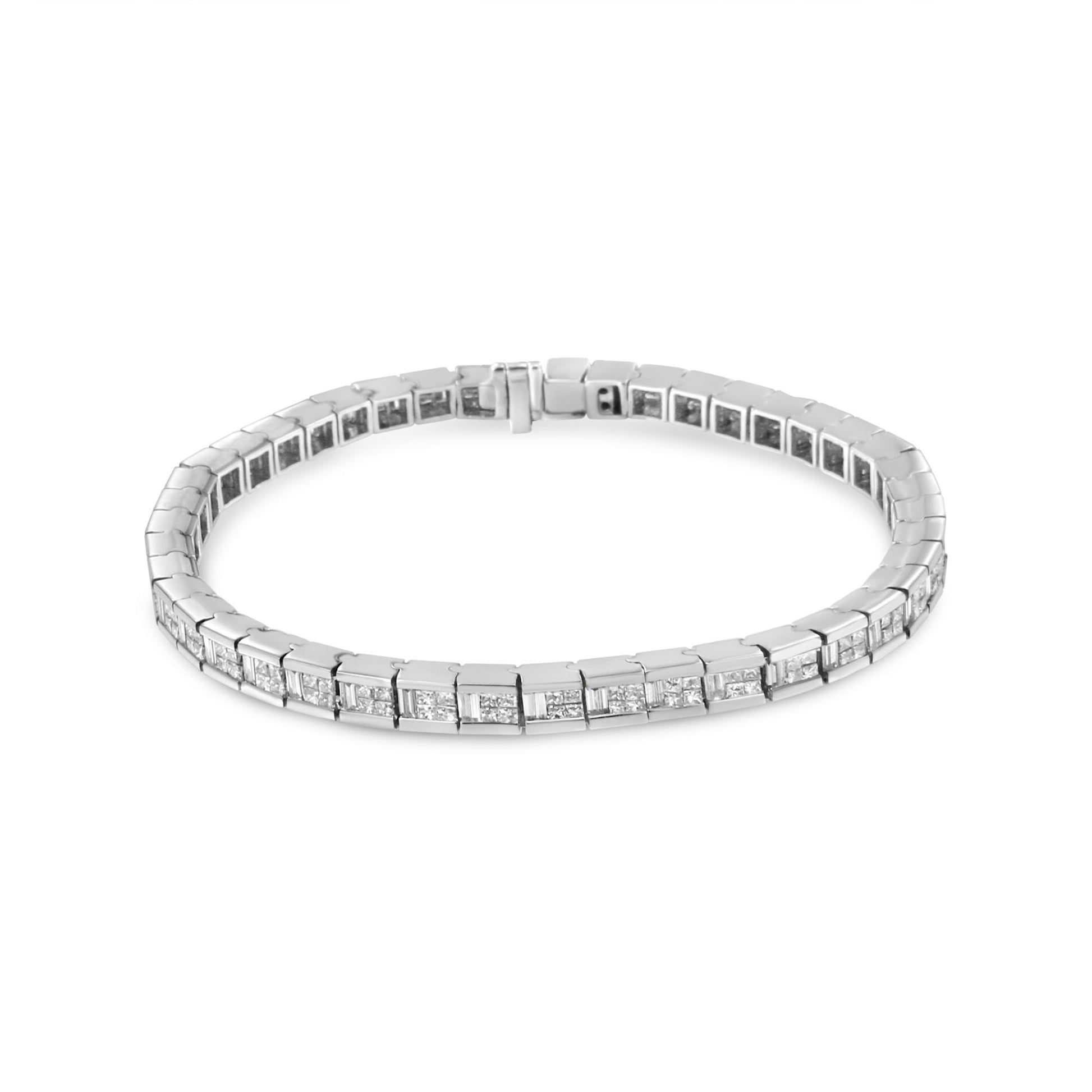 White metal bracelet with alternating princess and baguette shaped white gemstones in channel settings, shown from a slightly elevated front angle.
