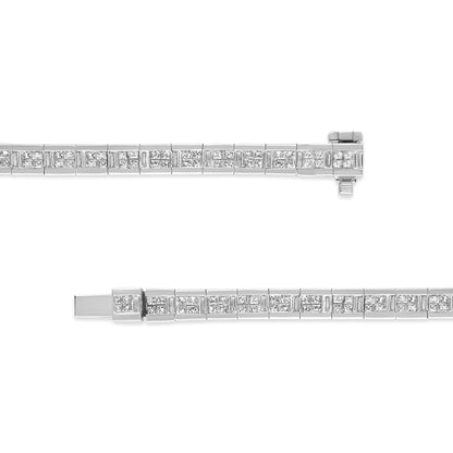 White metal bracelet with channel-set princess and baguette shaped white gemstones, shown from a top-down angle.