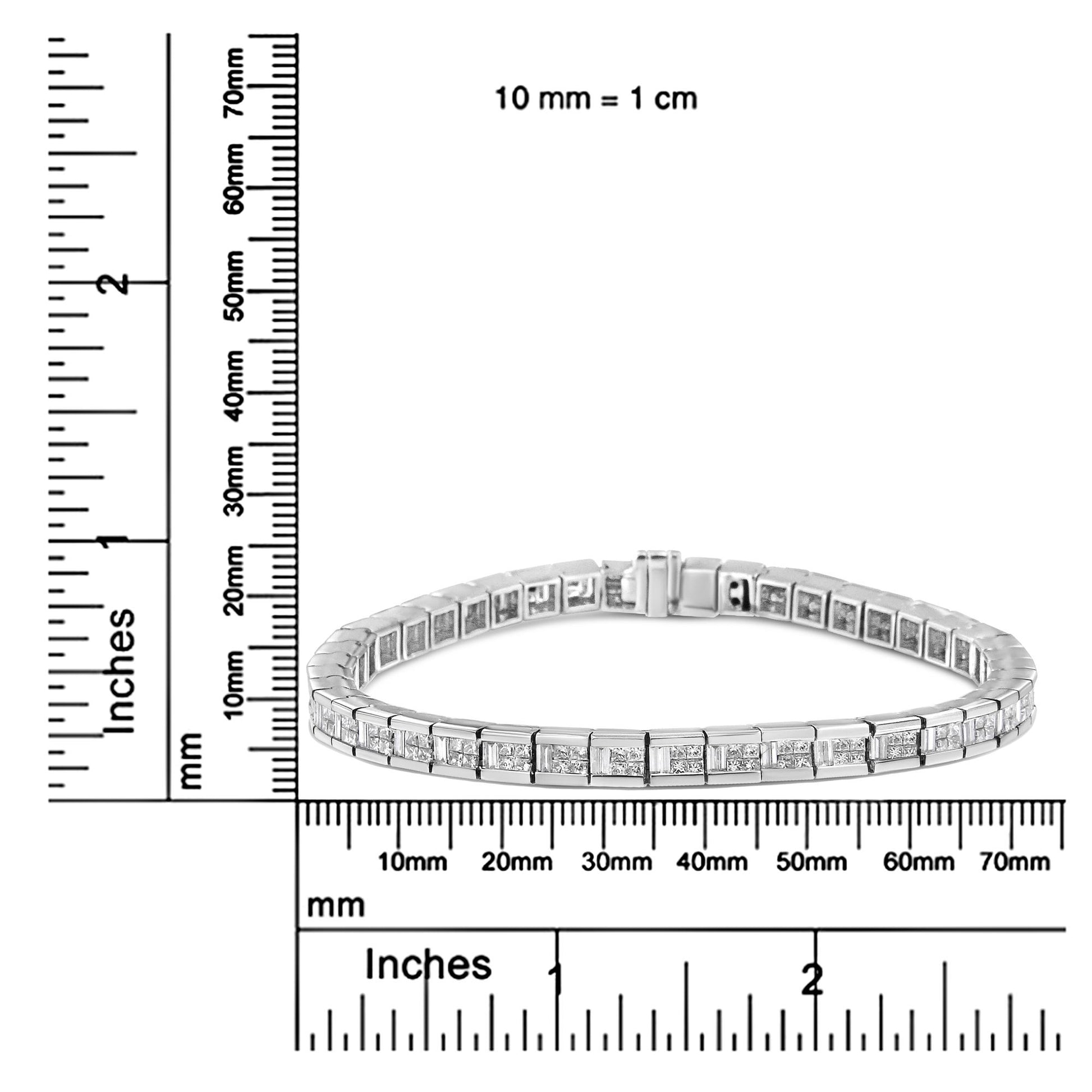 White metal bracelet with channel-set square and baguette shape white gemstones, displayed flat on a corner ruler for size reference, photographed from a front angle.
