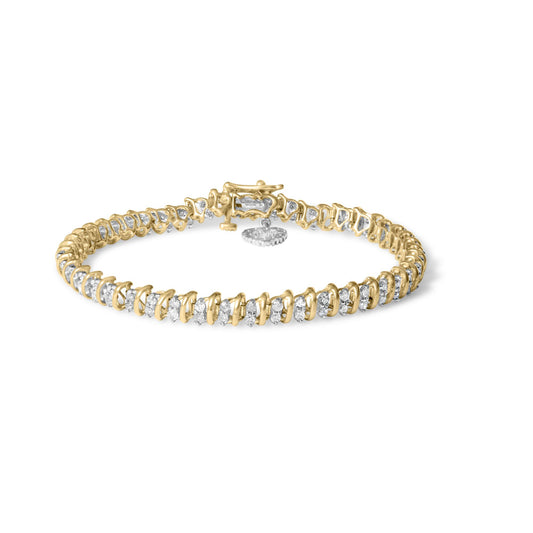 Yellow metal bracelet with round white gemstones in prong settings, shown from a slightly elevated angle.