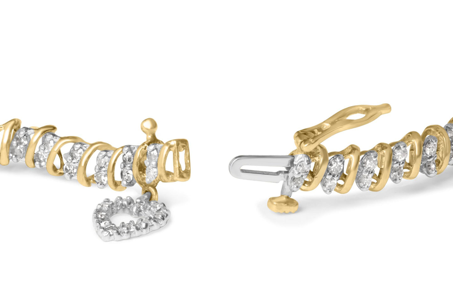 Close-up front angle of a yellow metal bracelet with prong-set white round gemstones and a hanging heart-shaped charm with white gemstones.
