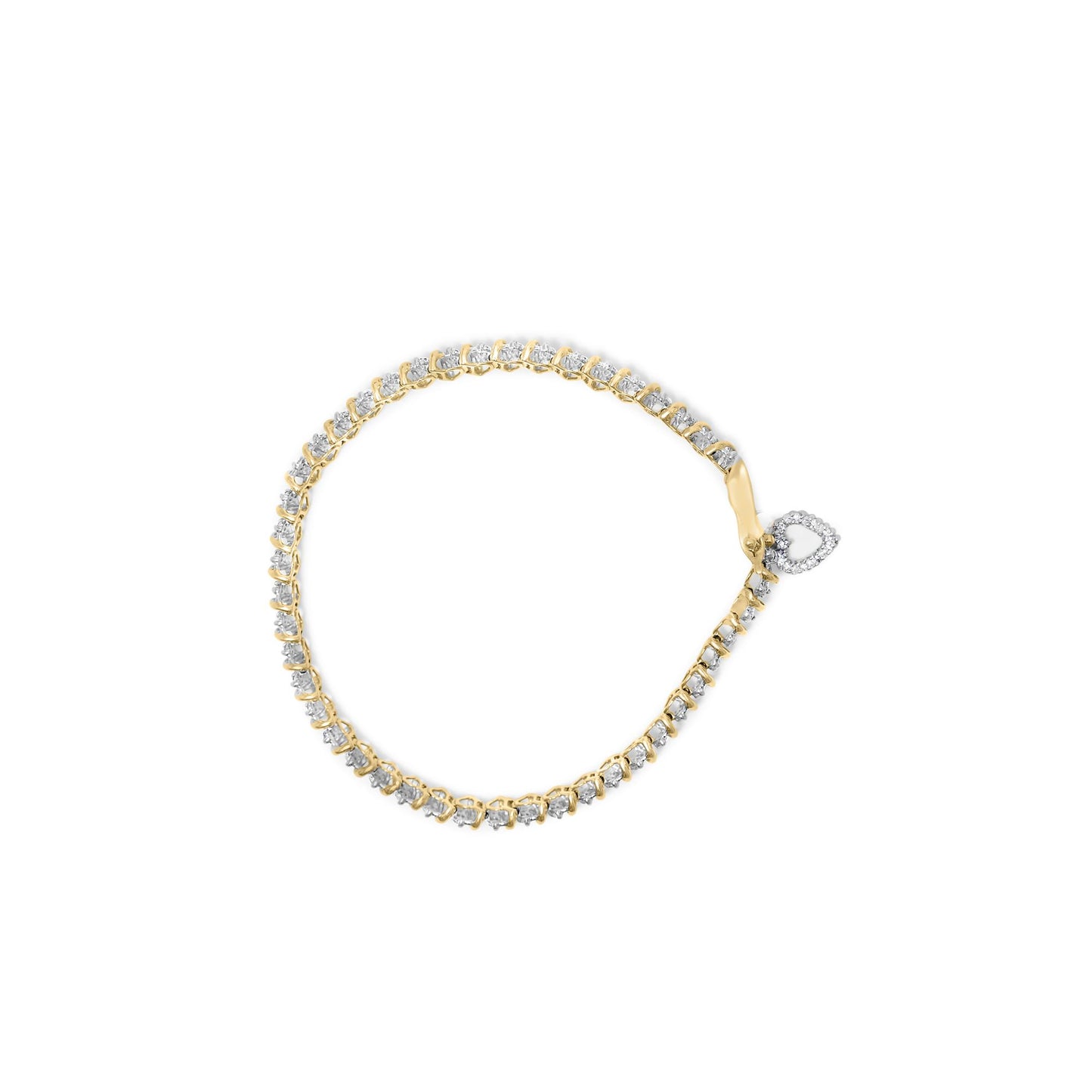 Yellow metal bracelet with round white gemstones in prong settings and a heart-shaped gemstone clasp, shown from a top-down angle on a white background.