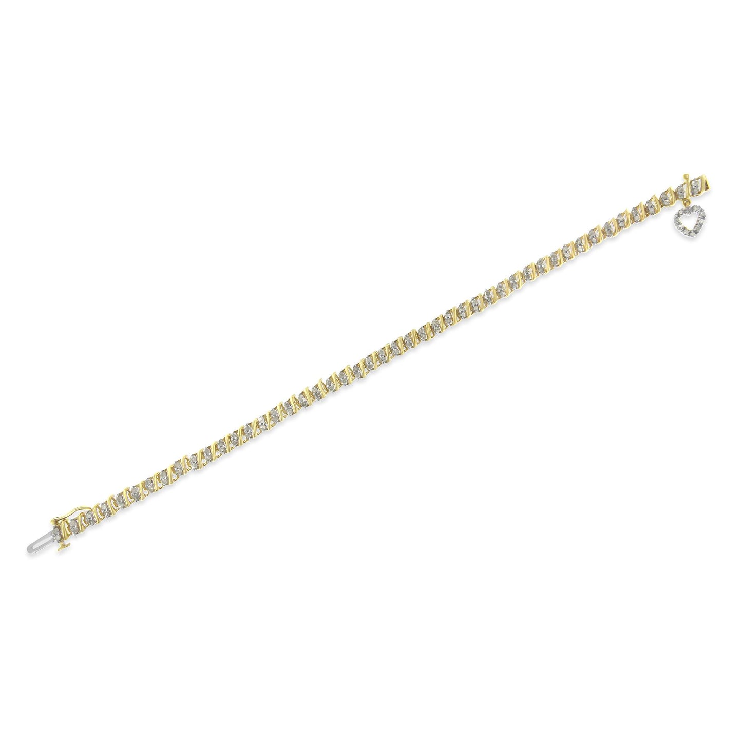 Yellow bracelet with prong-set round white gemstones and a heart-shaped gemstone charm, shown flat on a white background at an angled top view.