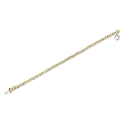 Yellow bracelet with prong-set round white gemstones and a heart-shaped gemstone charm, shown flat on a white background at an angled top view.