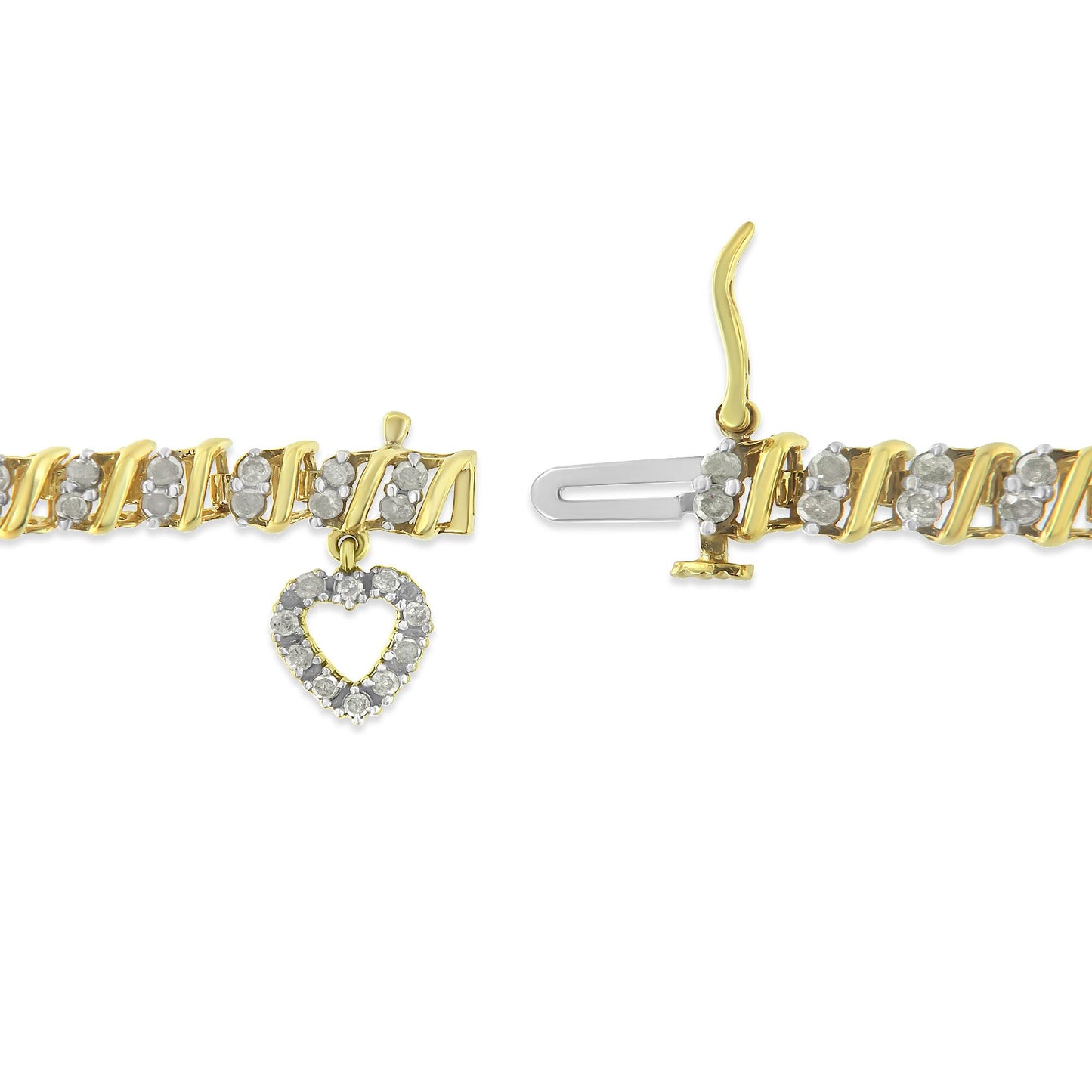 Close-up top view of a yellow bracelet with white round gemstones in prong settings and a heart-shaped charm made of white gemstones, shown unclasped on a white background.