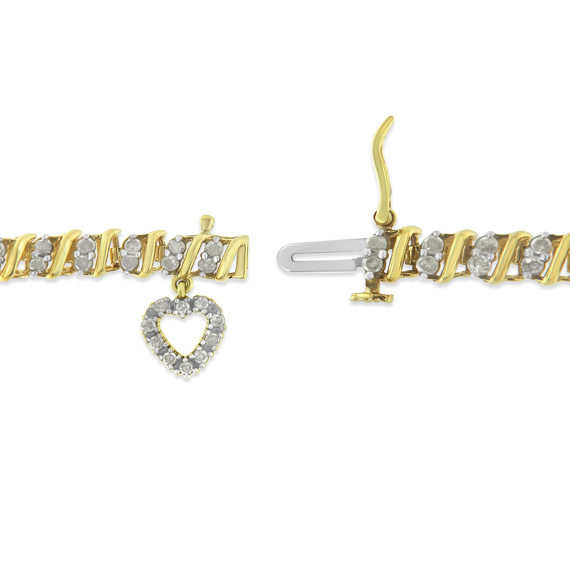 Close-up top view of a yellow bracelet with white round gemstones in prong settings and a heart-shaped charm made of white gemstones, shown unclasped on a white background.