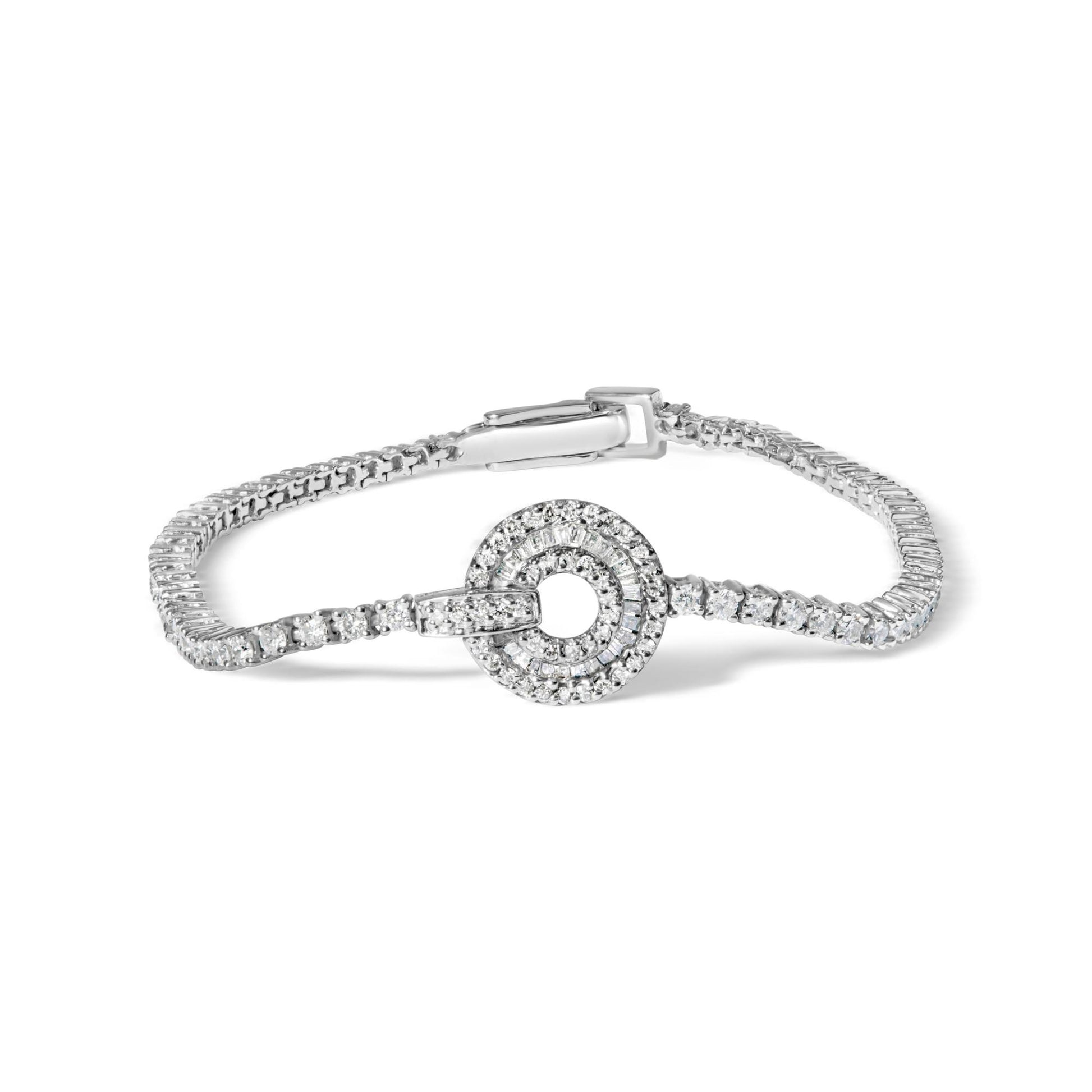 White metal bracelet with round prong-set and baguette channel-set white gemstones, featuring a circular centerpiece, shown from a slightly angled top view.