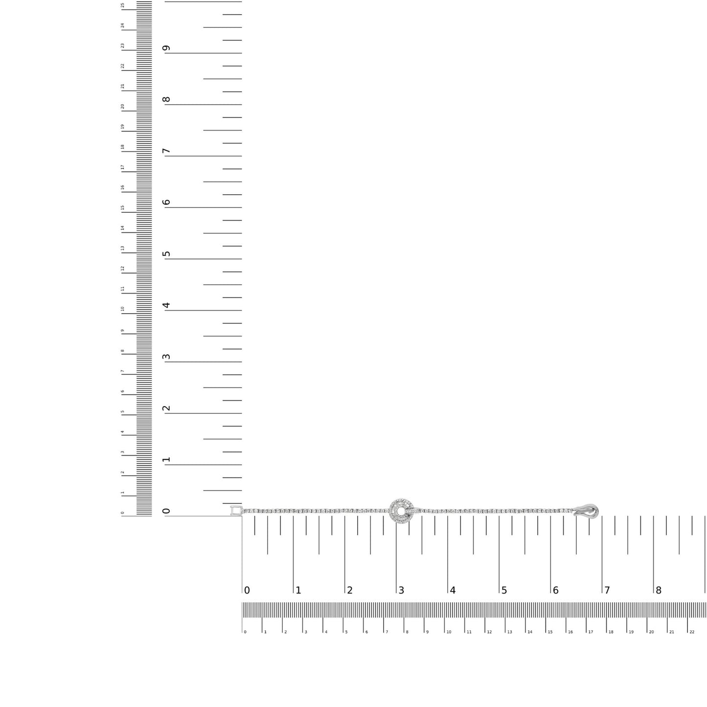 White metal bracelet with round prong-set and baguette channel-set white gemstones, shown flat on a ruler for size reference, top-down angle.