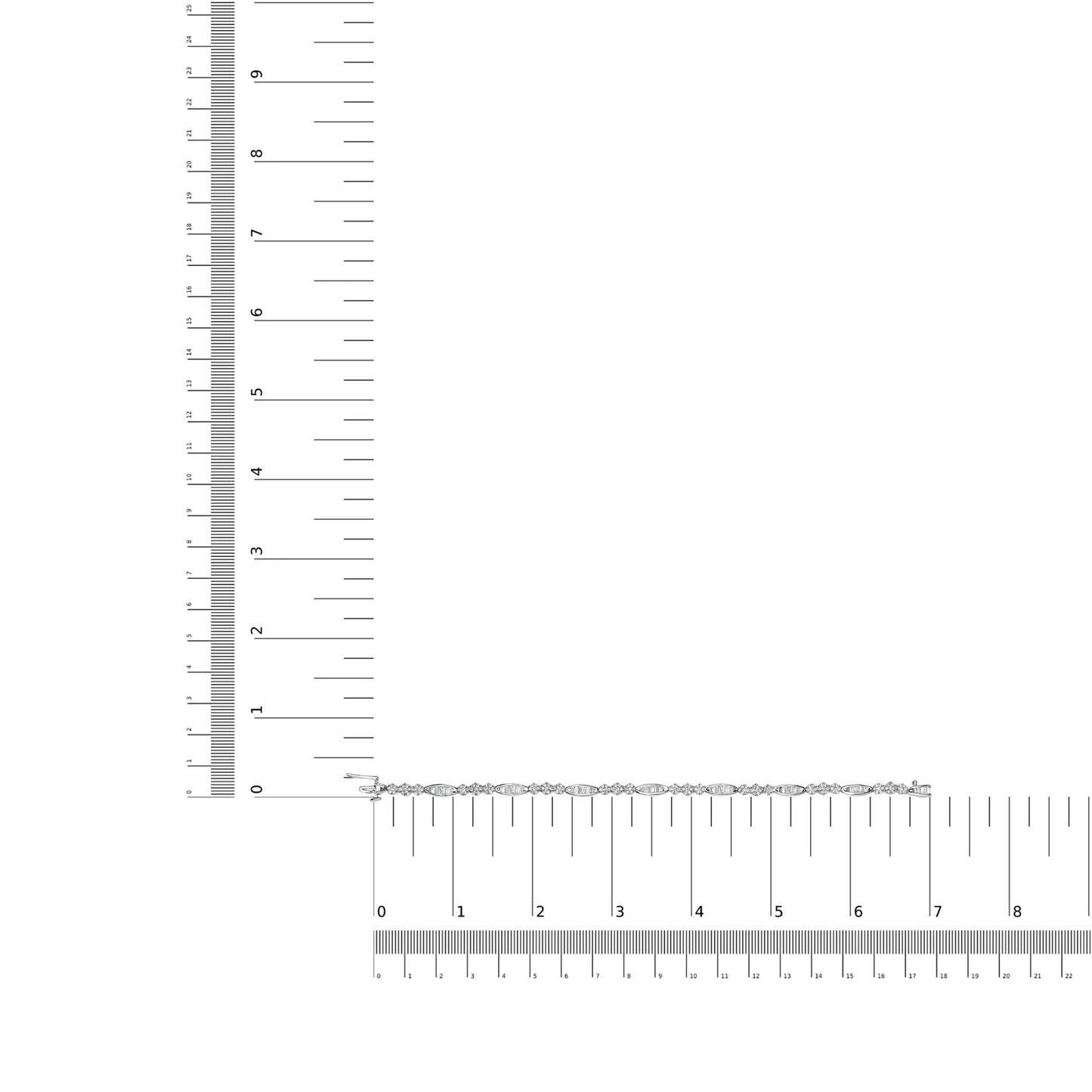 White metal bracelet with alternating baguette and round white gemstones, shown flat on a ruler for size reference, photographed from above.