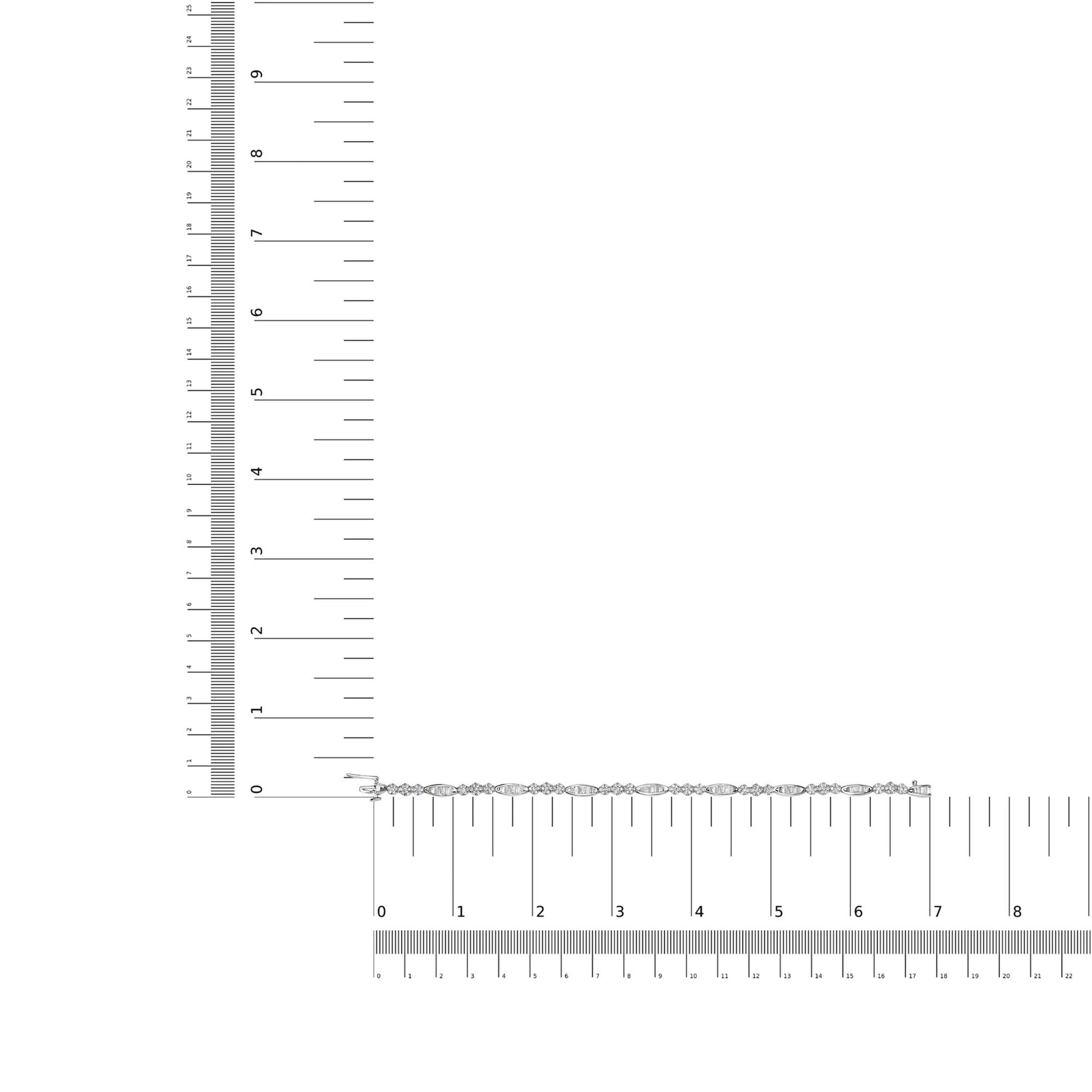 White metal bracelet with alternating baguette and round white gemstones, shown flat on a ruler for size reference, photographed from above.