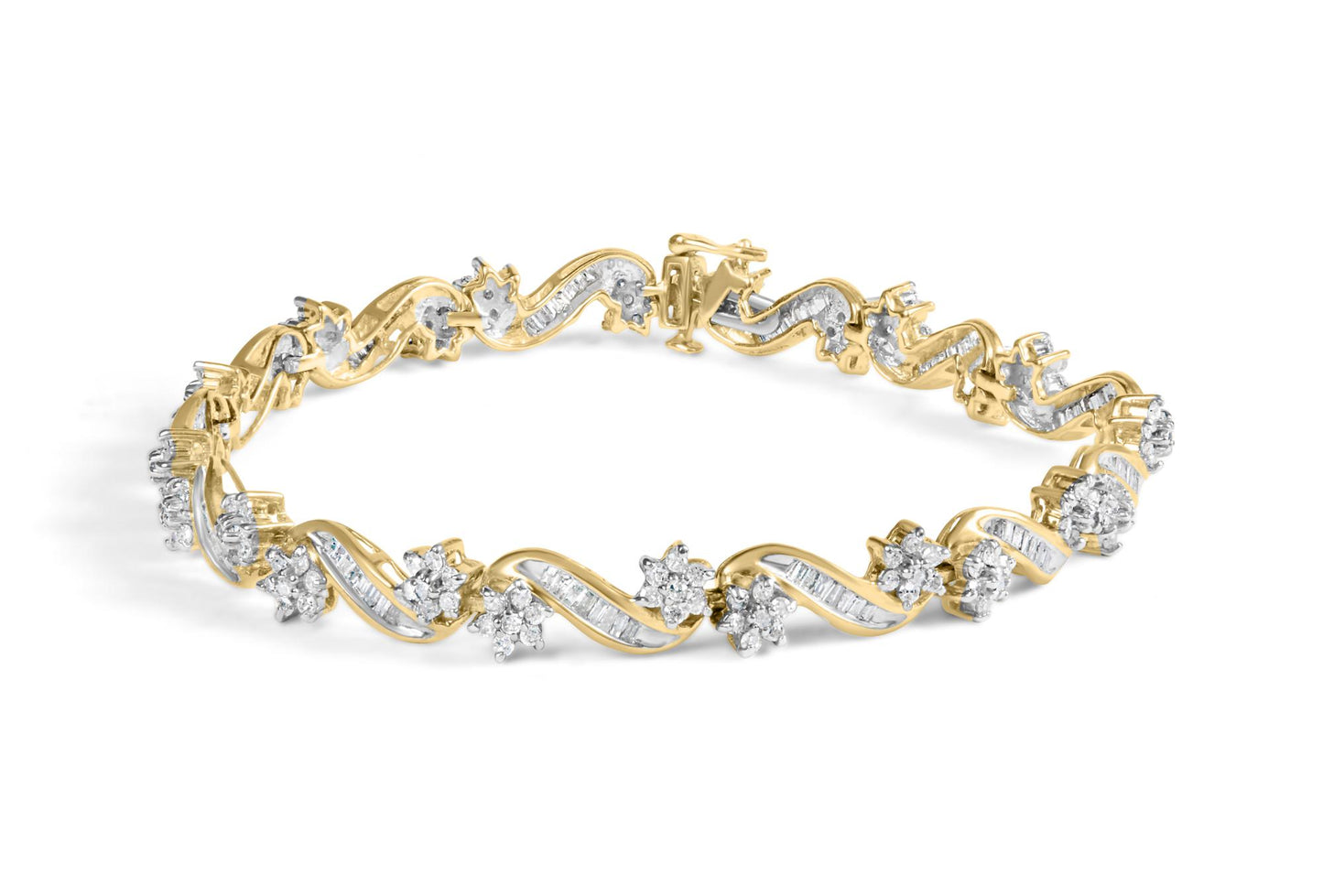 Yellow bracelet with intertwined design featuring round prong-set white gemstones and baguette channel-set white gemstones, shown at an angled top view.