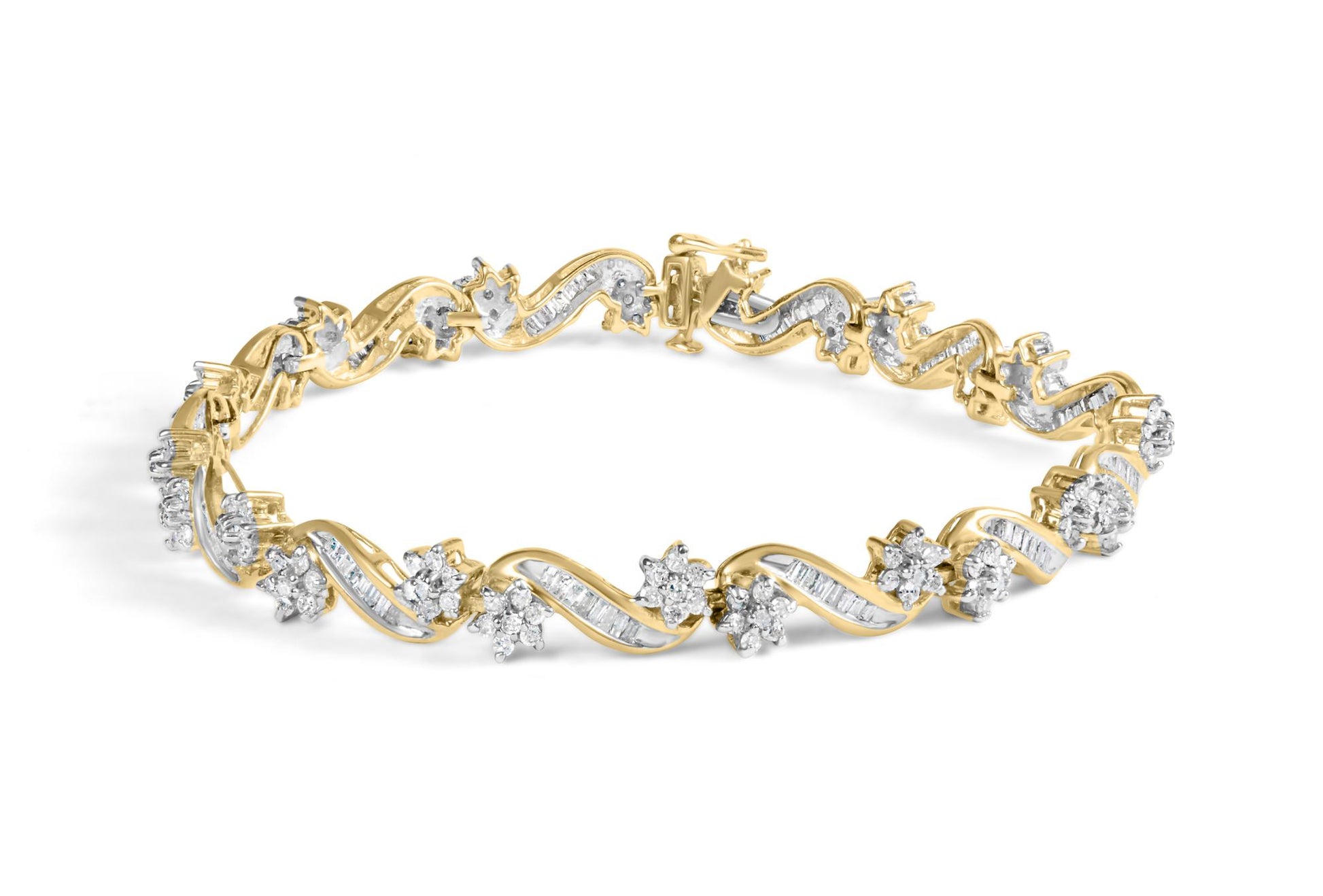 Yellow bracelet with intertwined design featuring round prong-set white gemstones and baguette channel-set white gemstones, shown at an angled top view.