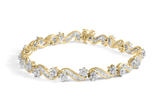 Yellow bracelet with intertwined design featuring round prong-set white gemstones and baguette channel-set white gemstones, shown at an angled top view.