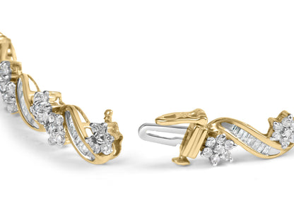 Close-up angle of a yellow metal bracelet featuring curved segments adorned with clusters of round white gemstones in prong settings and rows of baguette-shaped white gemstones in channel settings.