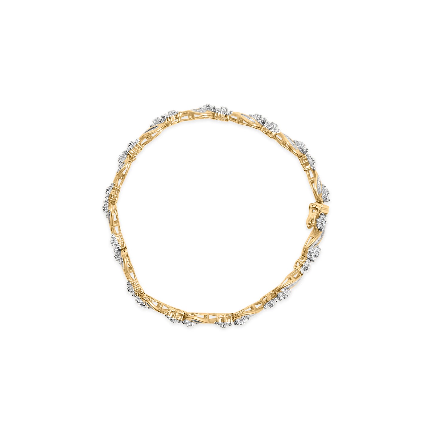 Top-down view of a yellow metal bracelet featuring round prong-set white gemstones and baguette channel-set white gemstones evenly spaced around the band.