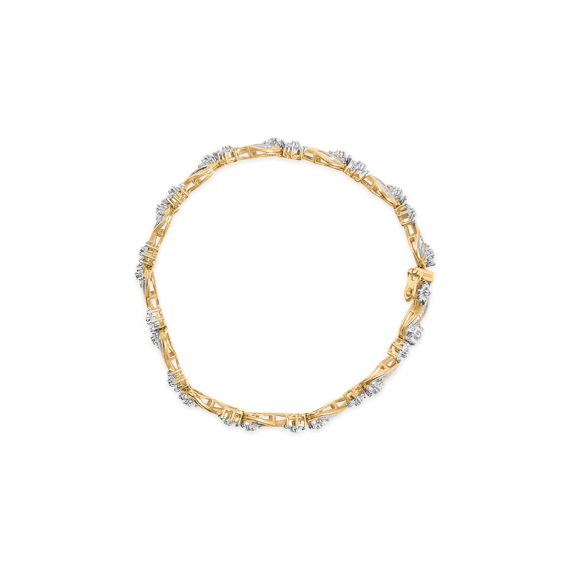Top-down view of a yellow metal bracelet featuring round prong-set white gemstones and baguette channel-set white gemstones evenly spaced around the band.