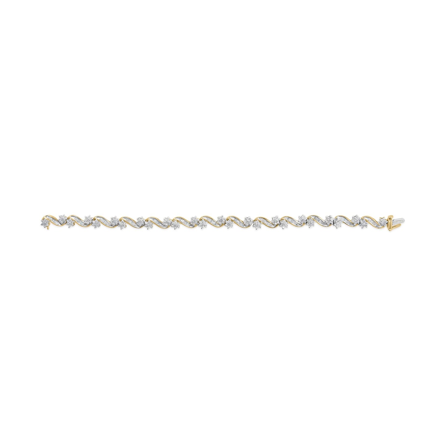 Yellow bracelet with alternating round and baguette white gemstones in prong and channel settings, shown flat in front view.