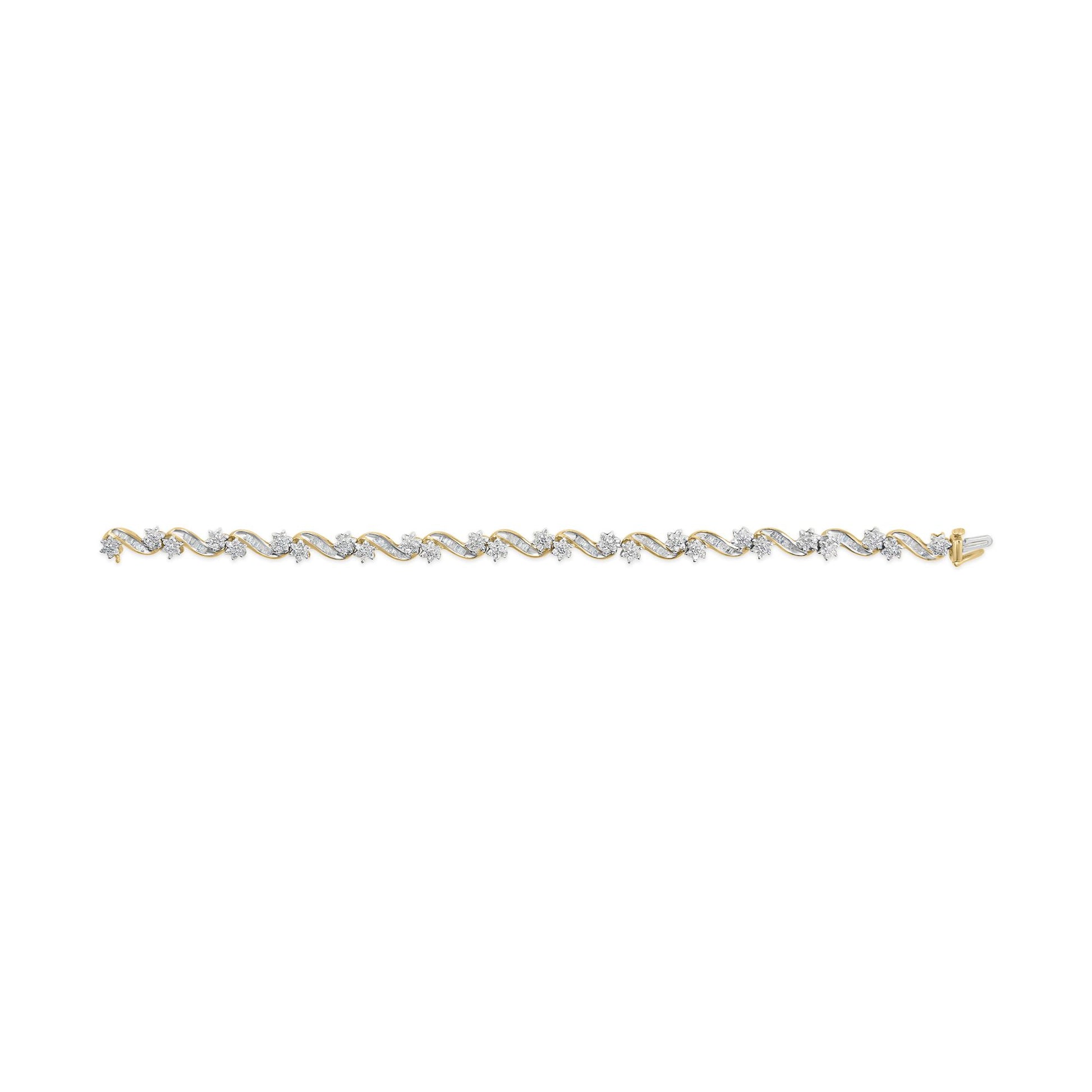 Yellow bracelet with alternating round and baguette white gemstones in prong and channel settings, shown flat in front view.