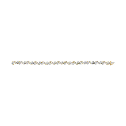 Yellow bracelet with alternating round and baguette white gemstones in prong and channel settings, shown flat in front view.
