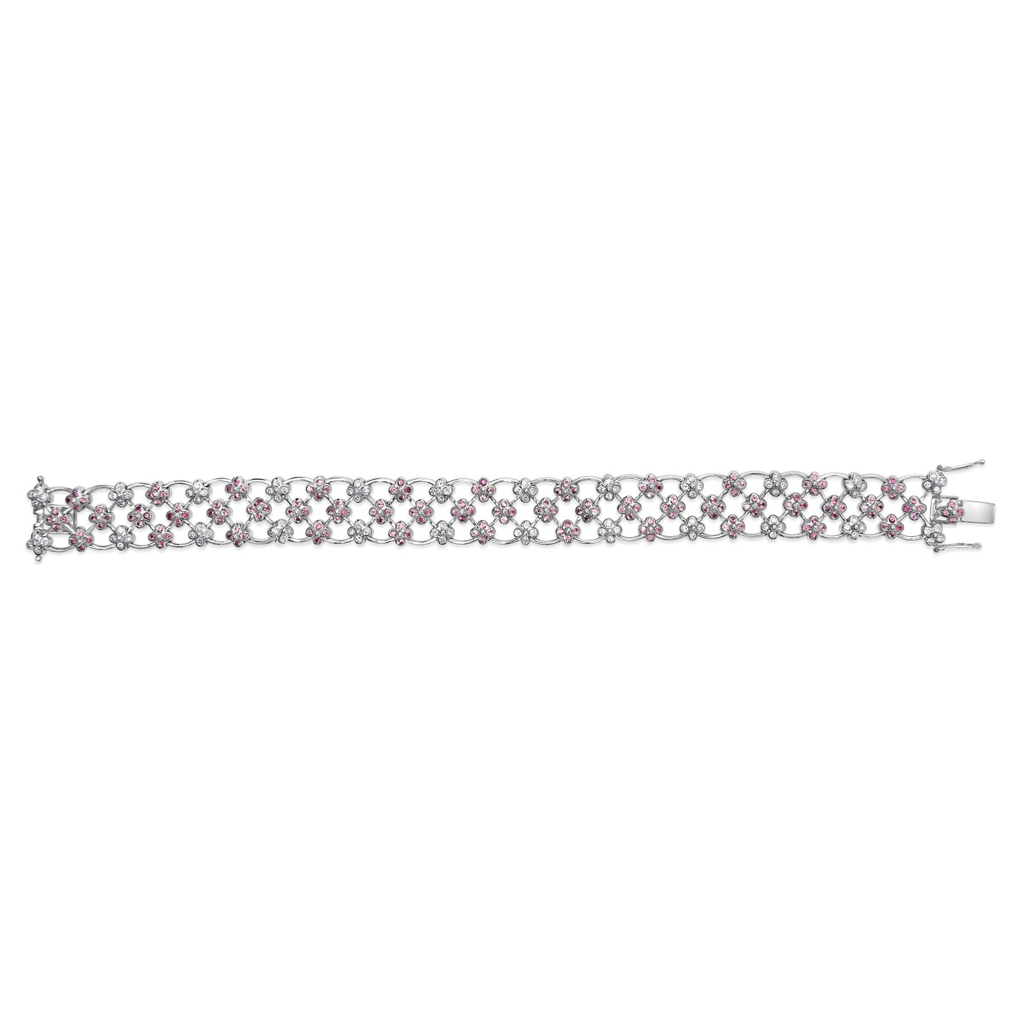 Top view of a white metal bracelet with an intricate floral pattern featuring round pink and white gemstones in bezel settings, displayed flat on a white background.