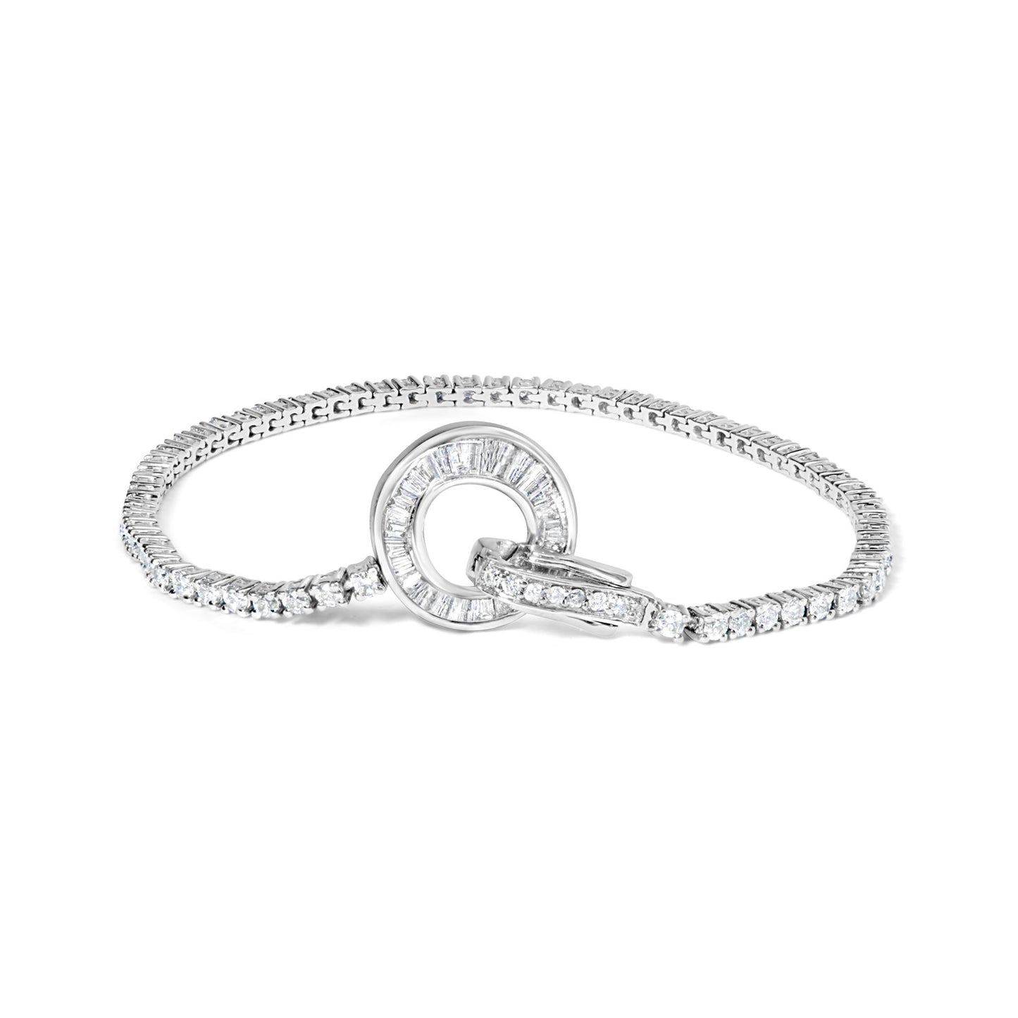 14K White Gold 2-1/2 Cttw Baguette and Round Diamond Toggle Tennis Bracelet