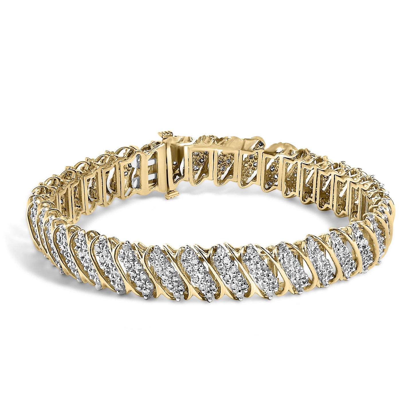 Close-up angled shot of a yellow metal bracelet set with multiple white round gemstones in prong settings, shown on a white background.