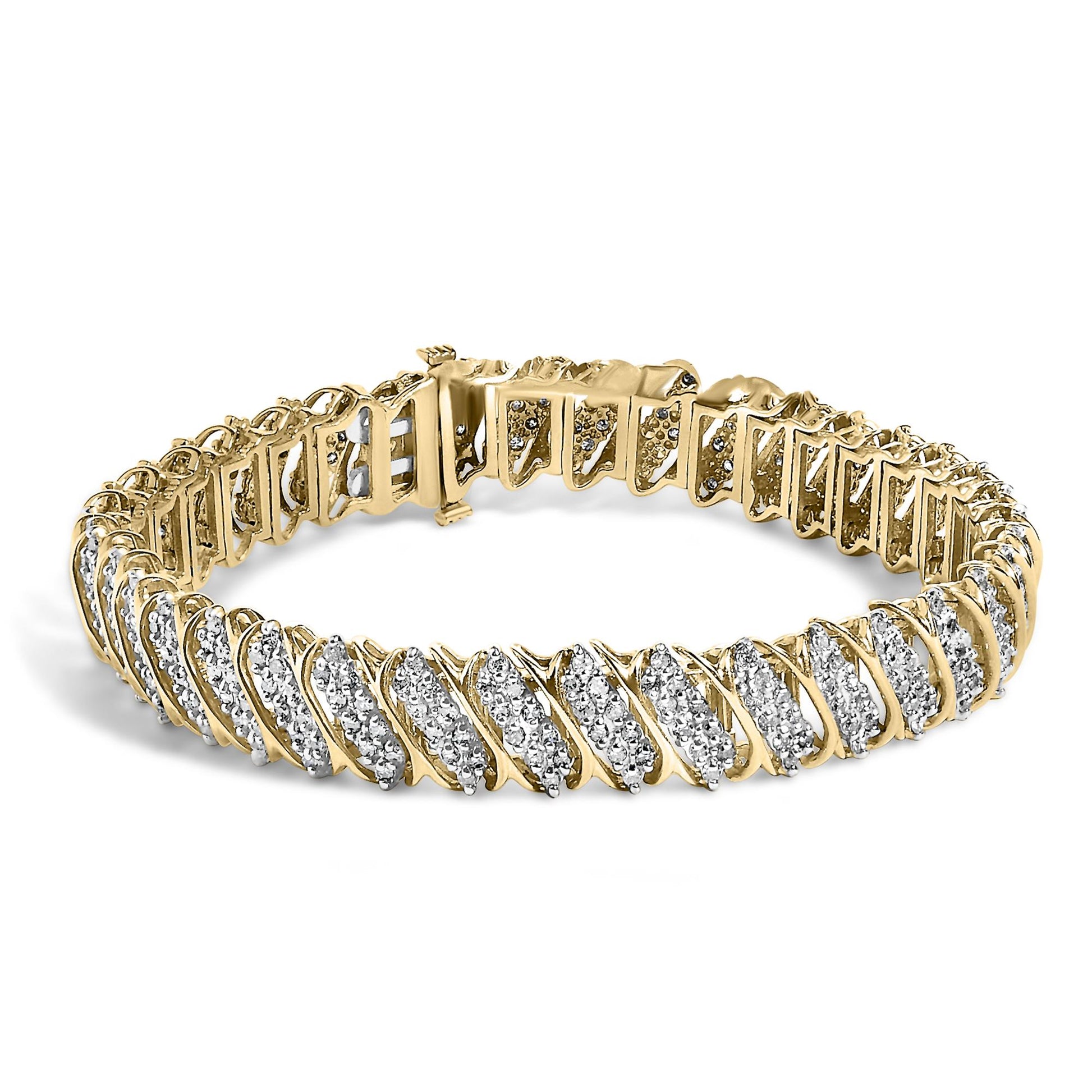 Close-up angled shot of a yellow metal bracelet set with multiple white round gemstones in prong settings, shown on a white background.