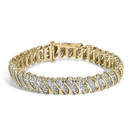 Close-up angled shot of a yellow metal bracelet set with multiple white round gemstones in prong settings, shown on a white background.