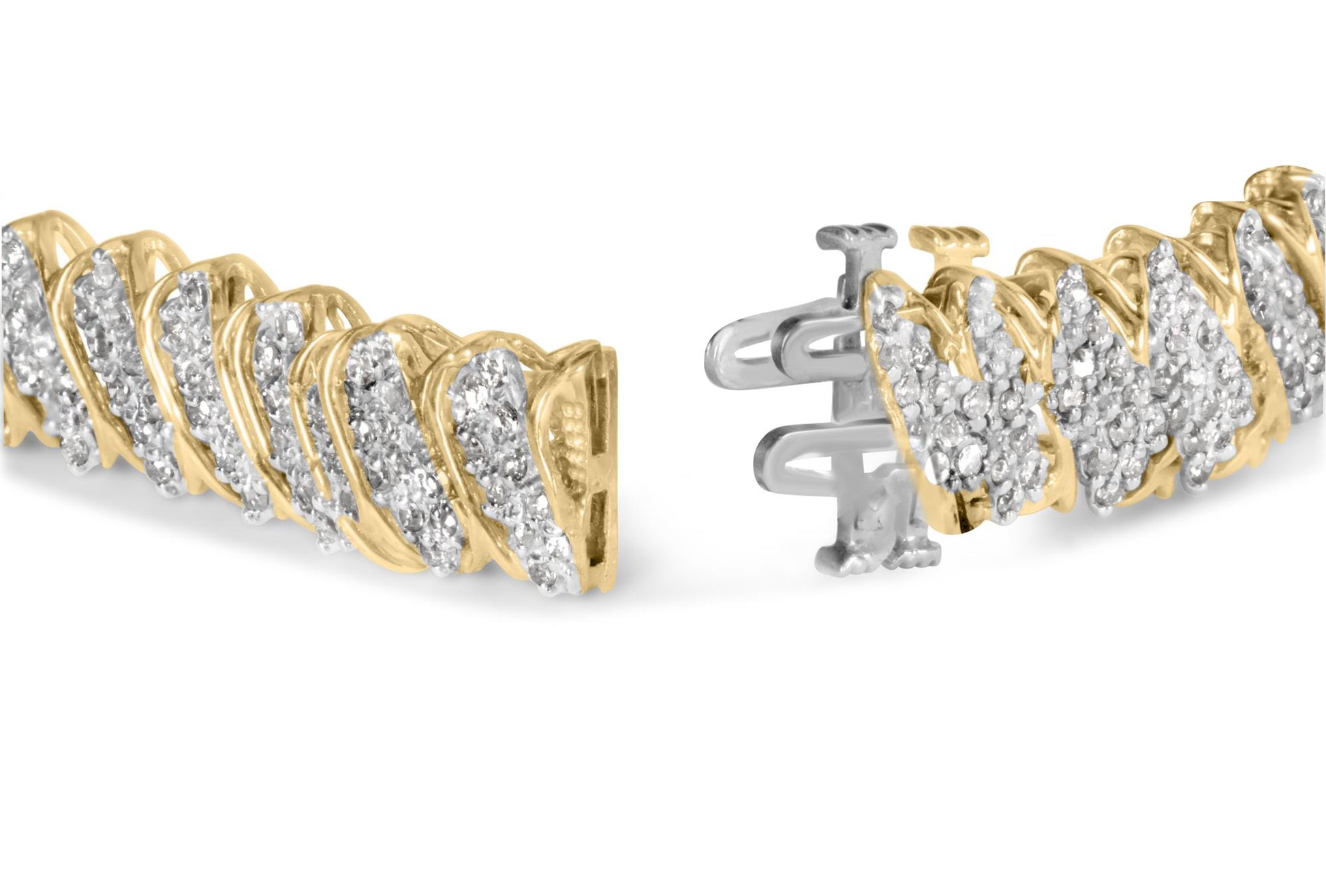 Close-up front angled view of a yellow bracelet with rows of white gemstones in prong settings, showing the clasp mechanism.