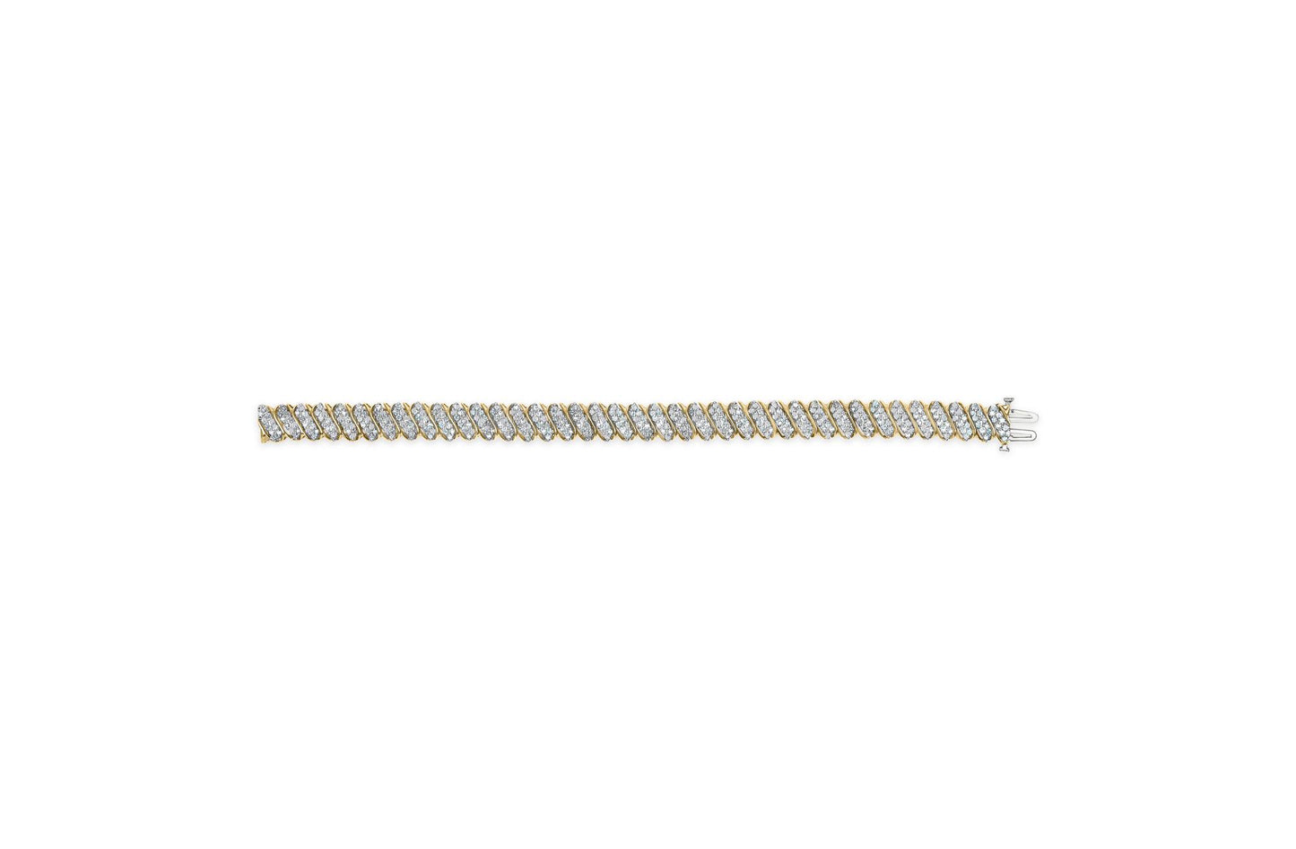 Yellow bracelet with diagonal links set with round white gemstones in prong settings, shown flat from a top-down angle.