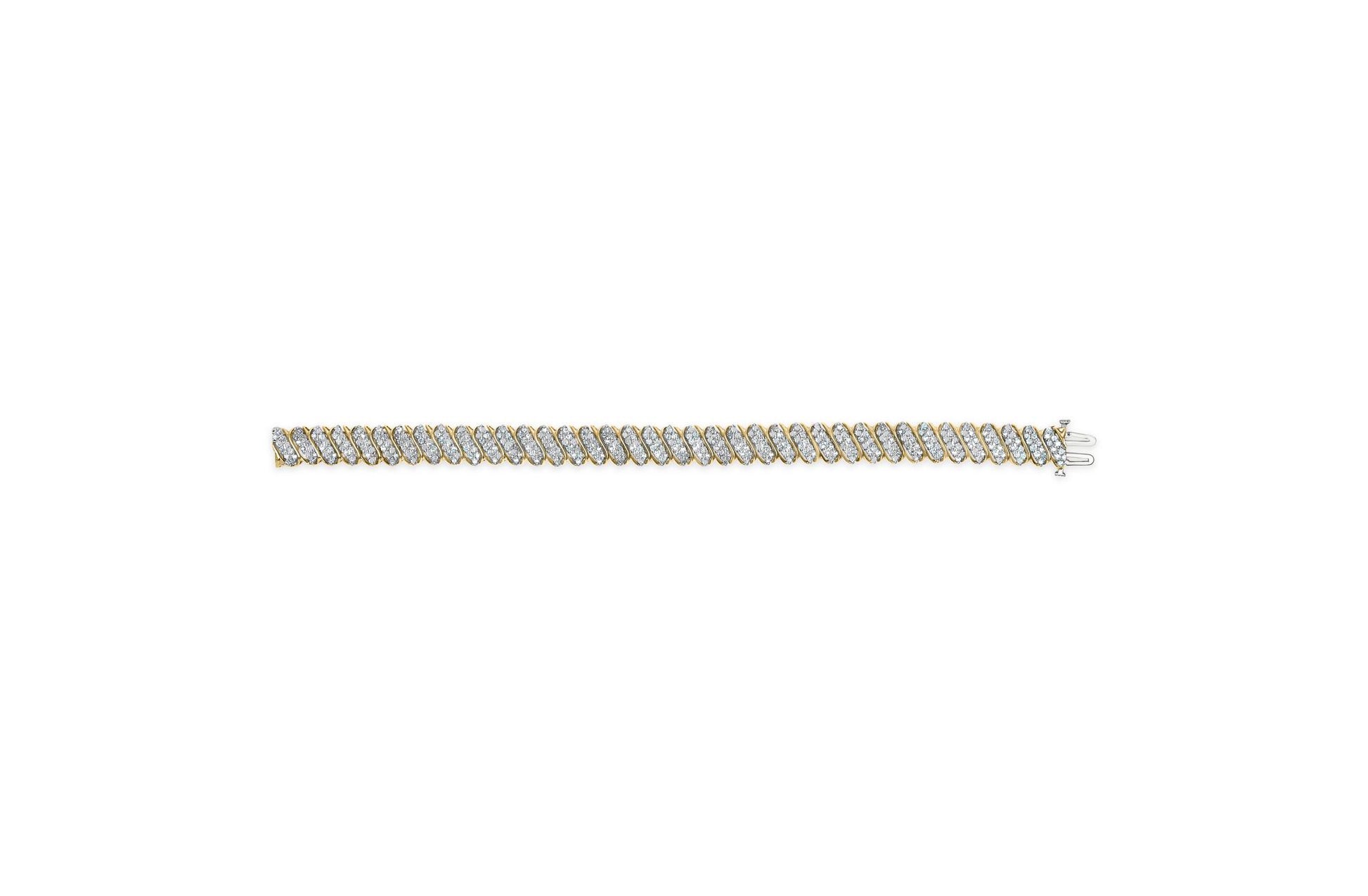 Yellow bracelet with diagonal links set with round white gemstones in prong settings, shown flat from a top-down angle.