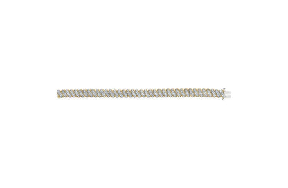 Yellow bracelet with diagonal links set with round white gemstones in prong settings, shown flat from a top-down angle.