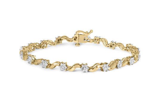 Yellow bracelet with alternating star-shaped clusters of white round gemstones, shown from a front angle.