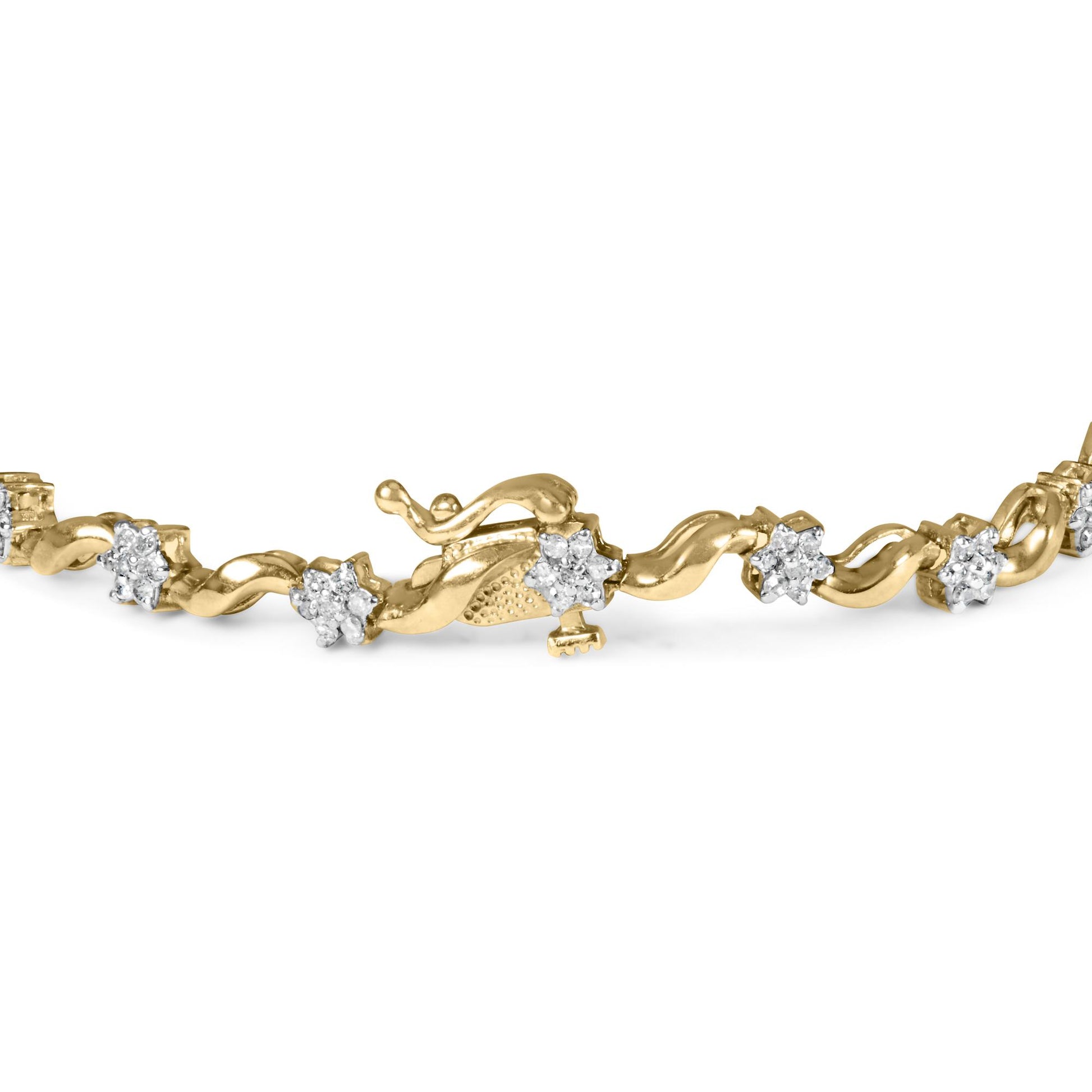 Close-up front angle view of a yellow bracelet with wavy links and clusters of white round gemstone prong settings, featuring a decorative clasp.