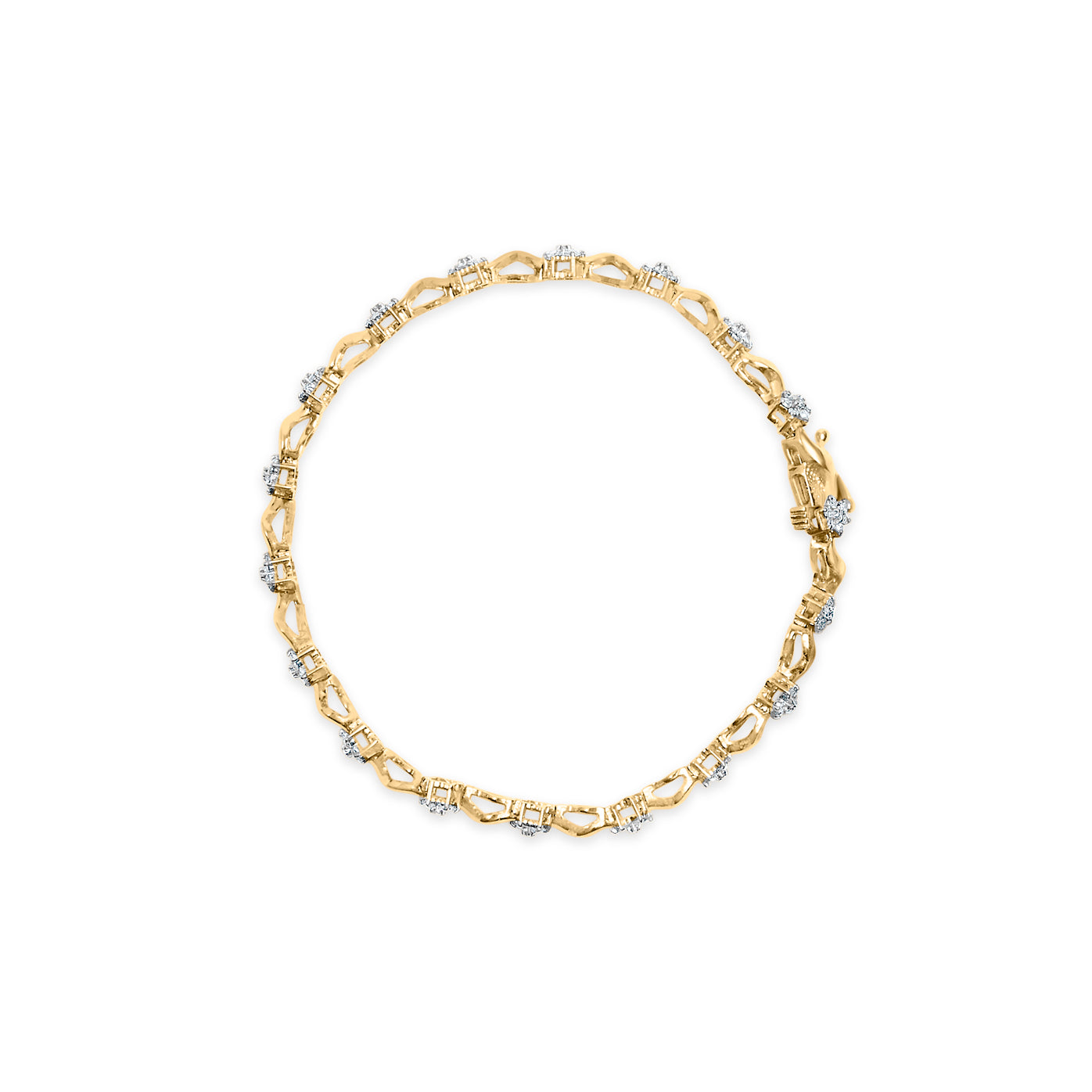 Top-down view of a yellow metal bracelet with round white gemstones in prong settings evenly spaced around the band.