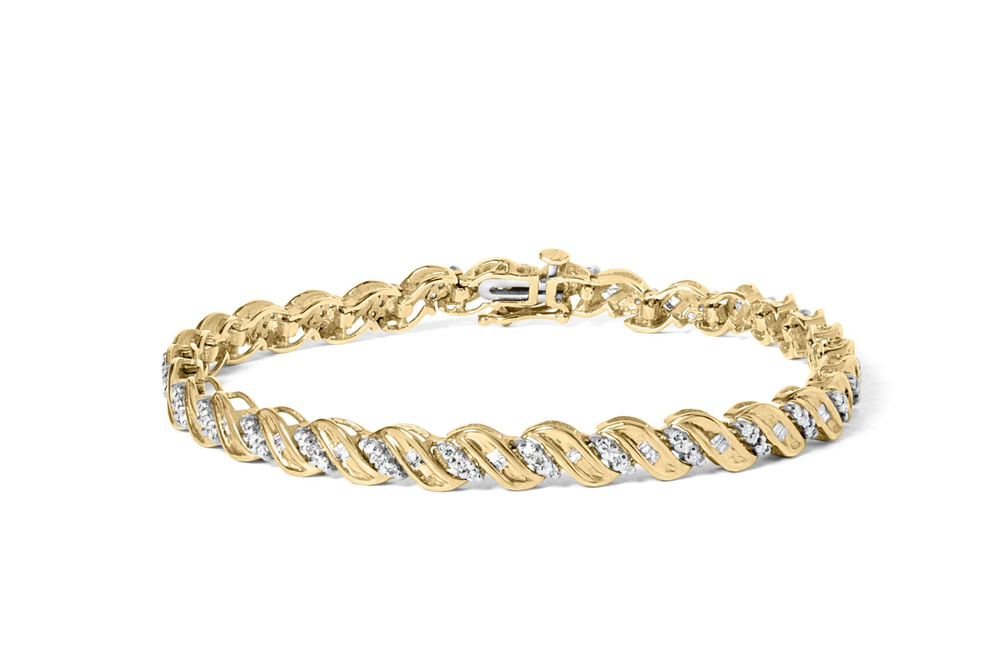 Yellow bracelet with alternating round and baguette white gemstones set in a twisted pattern, shown from a slightly elevated front angle.