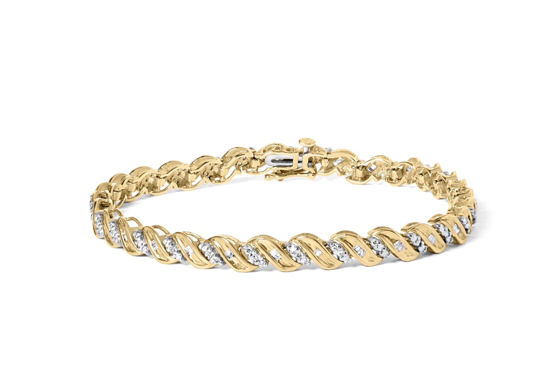Yellow bracelet with alternating round and baguette white gemstones set in a twisted pattern, shown from a slightly elevated front angle.