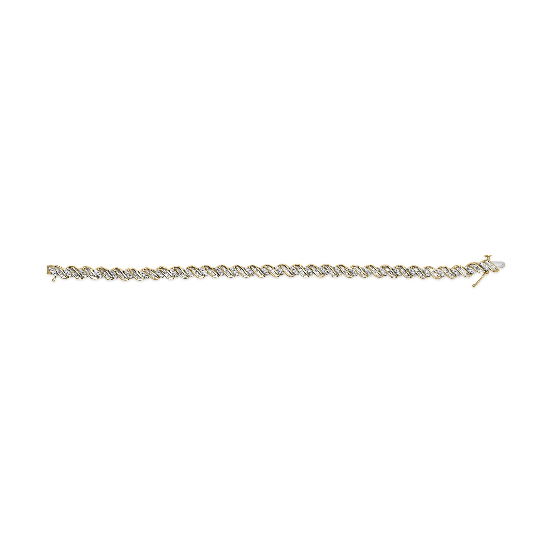 Yellow metal bracelet with alternating twisted links featuring white round prong-set gemstones and baguette channel-set gemstones, shown in a top-down flat lay angle.