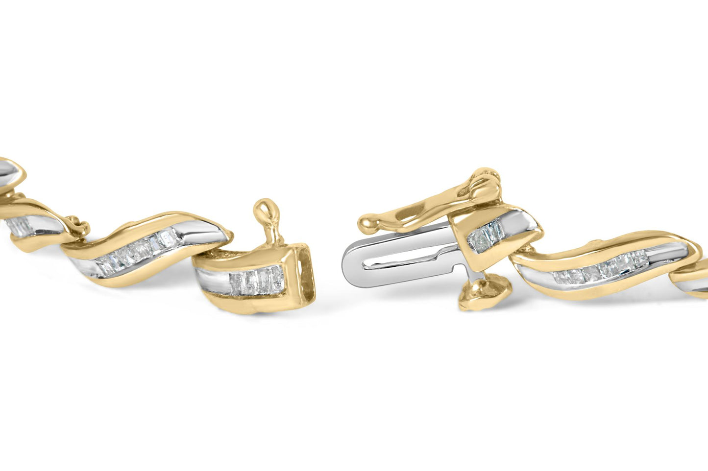 Close-up side angle of a yellow bracelet featuring white baguette-shaped gemstones in a channel setting along wavy links with a clasp.