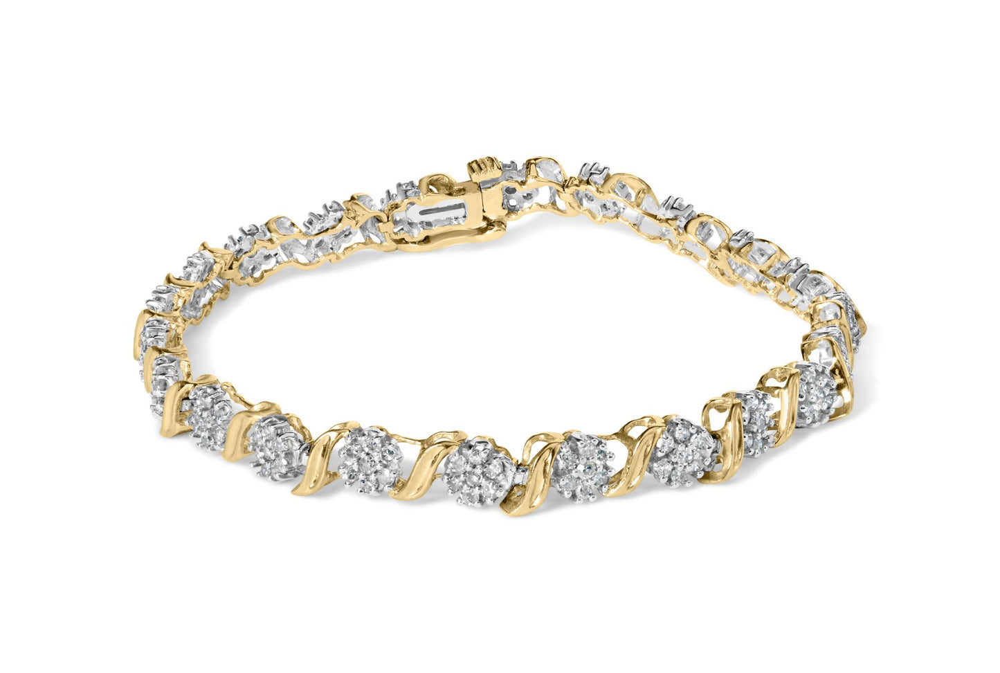 Yellow bracelet with clusters of round white gemstones in prong settings, shown in a front angled view.