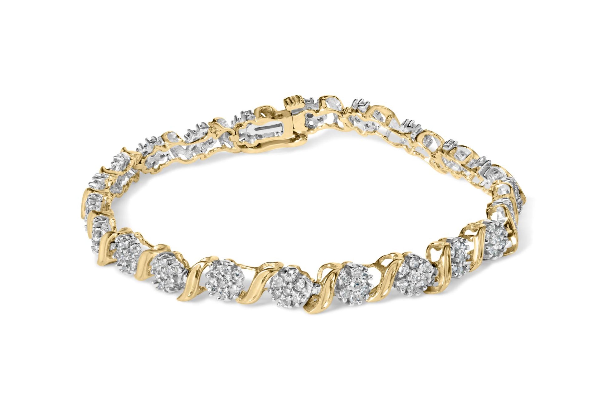 Yellow bracelet with clusters of round white gemstones in prong settings, shown in a front angled view.