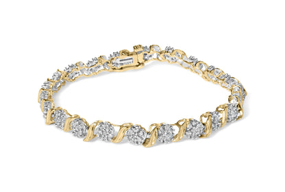 Yellow bracelet with clusters of round white gemstones in prong settings, shown in a front angled view.