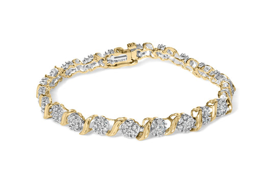 Yellow bracelet with clusters of round white gemstones in prong settings, shown in a front angled view.