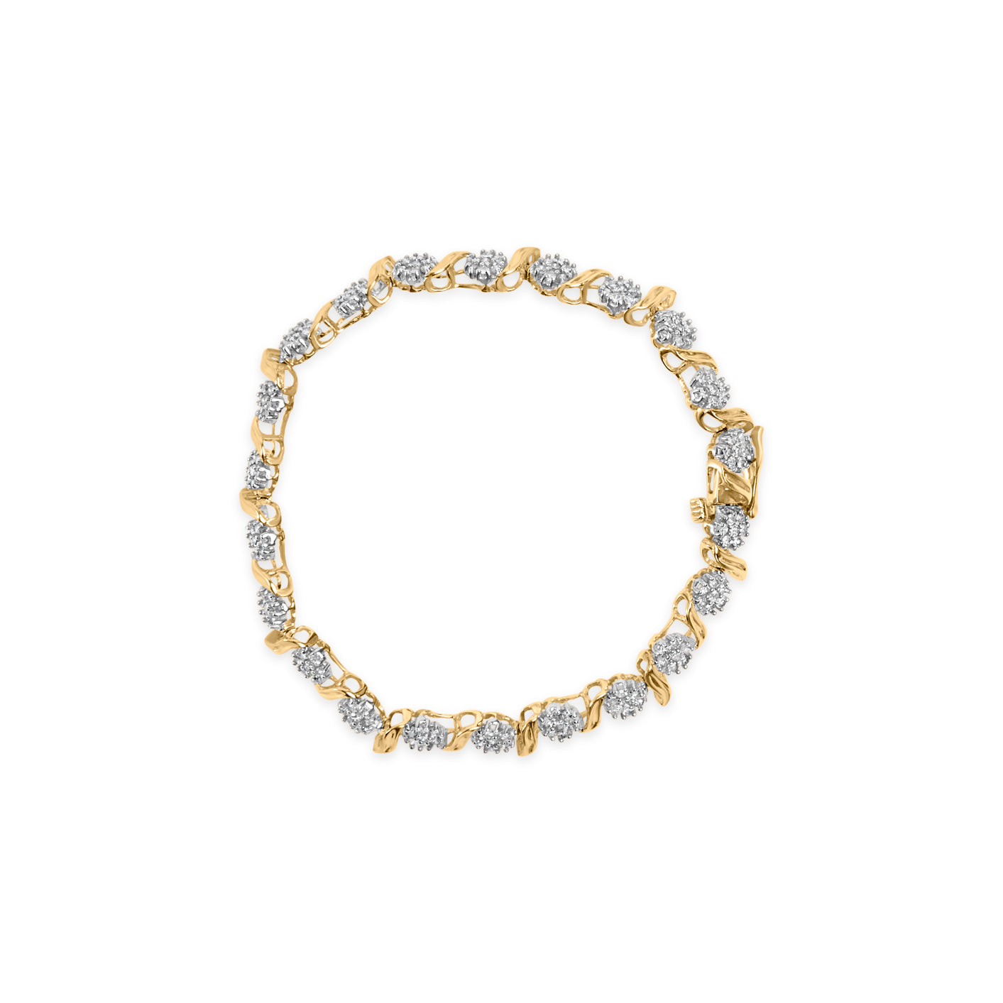 Top-down view of a yellow metal bracelet with links featuring clusters of round white gemstones in prong settings.