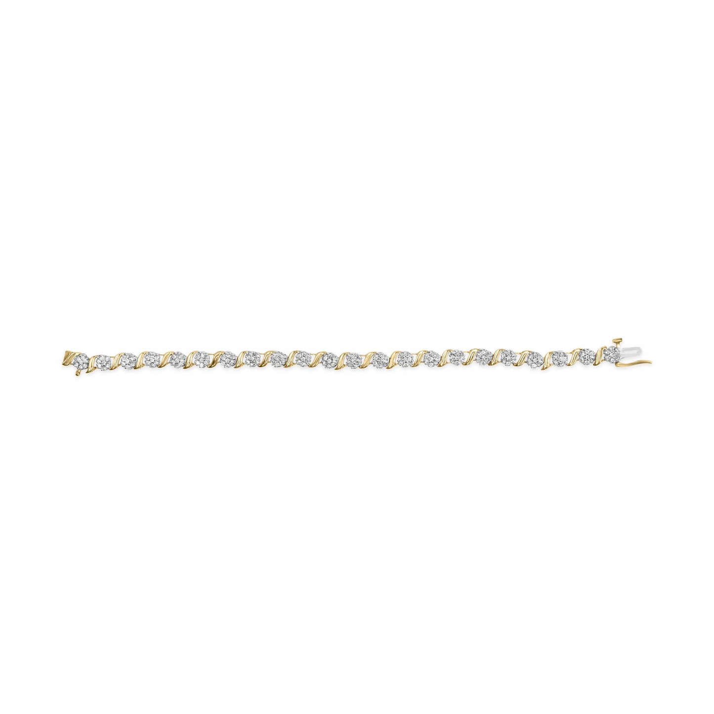 Yellow metal bracelet with alternating twisted links and white round gemstones in prong settings, shown from a top flat angle.