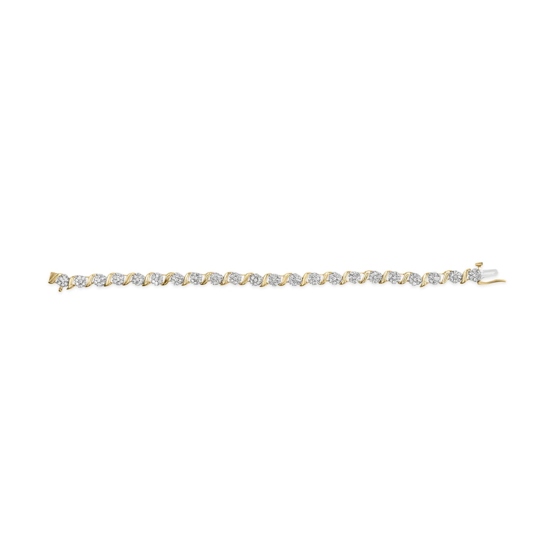 Yellow metal bracelet with alternating twisted links and white round gemstones in prong settings, shown from a top flat angle.