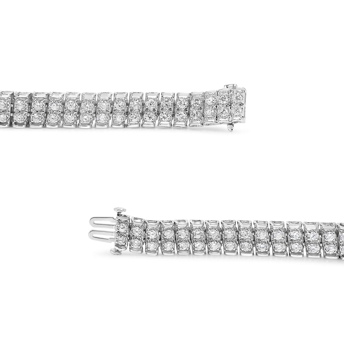 Close-up front angle of a white metal bracelet featuring rows of round white gemstones in prong settings.