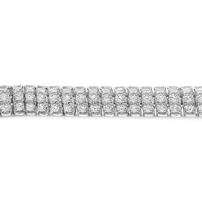 Close-up front view of a white metal bracelet with multiple round white gemstones set in prong settings.