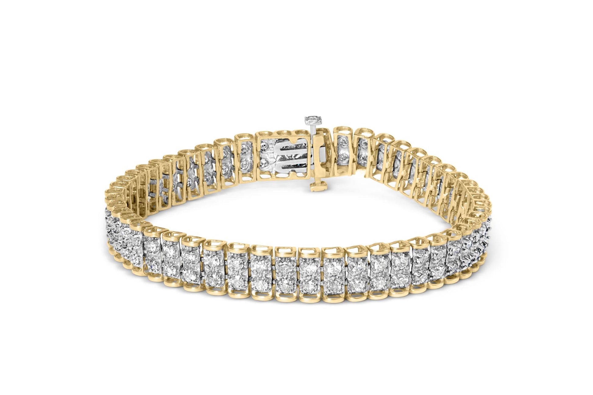 Yellow metal bracelet with two rows of round white gemstones in prong settings, shown from a front angle.