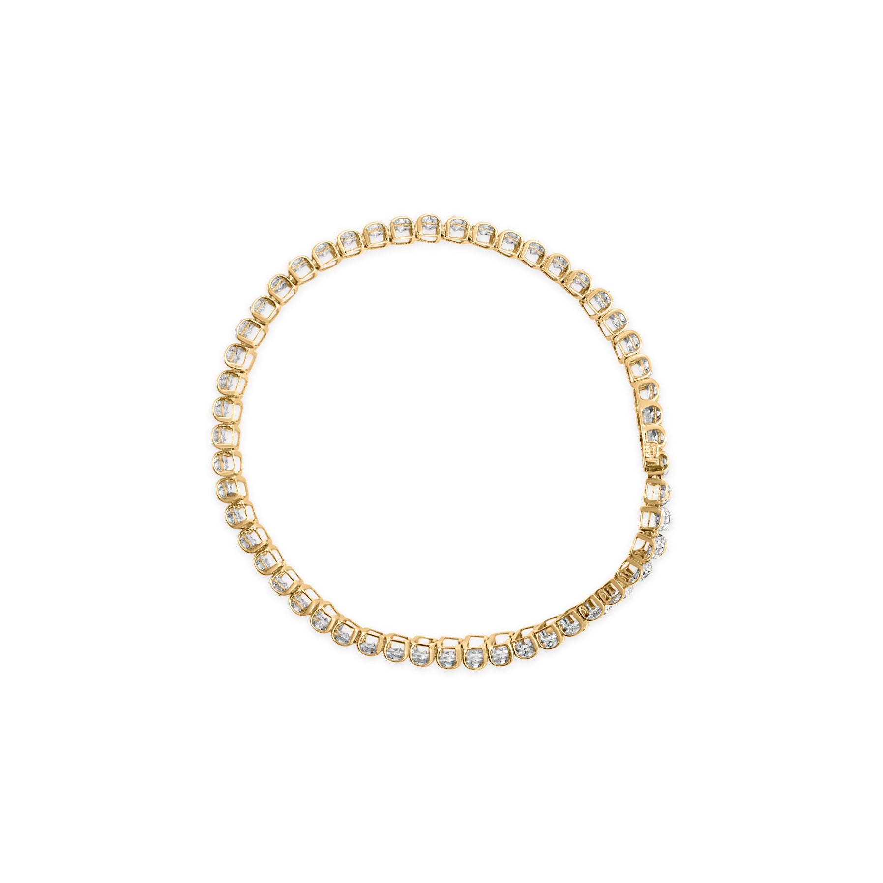 Top-down view of a yellow metal bracelet featuring round white gemstones in prong settings linked together in a continuous circle.